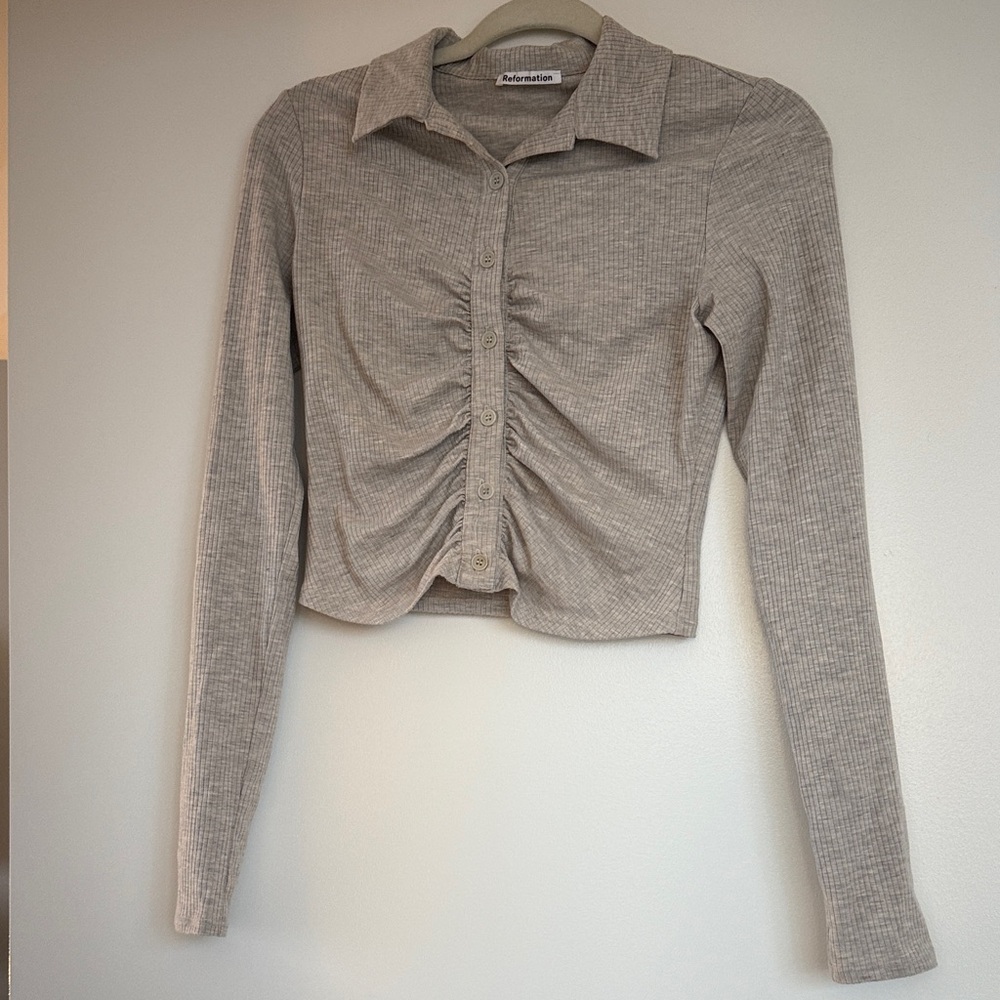 Reformation Gray Button Down Ruched Shirt